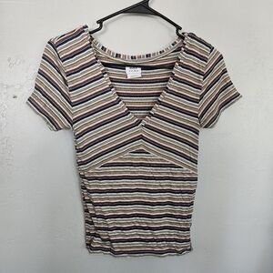 RVCA Women's Small Brown Striped V-Neck Women's Top Short Sleeve Fitted Y2K Tee